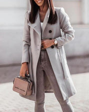 Women's Formal Winter Coat - Longline Double-Breasted with Waist Tie Design