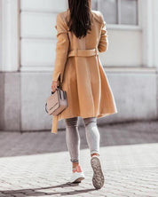 Women's Formal Winter Coat - Longline Double-Breasted with Waist Tie Design