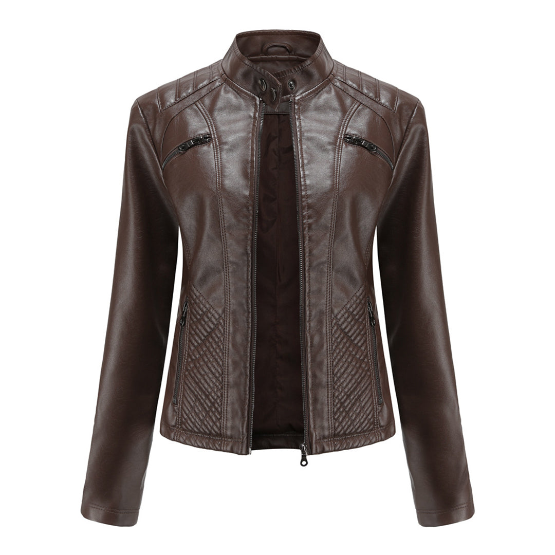 Women's Leather Jacket - Stand-Up Collar & Ribbed Details