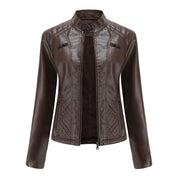 Women's Leather Jacket - Stand-Up Collar & Ribbed Details