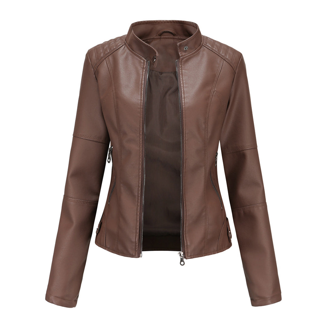 Women's Leather Jacket - Biker Style & Stand-Up Collar Detail