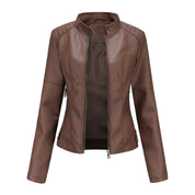 Women's Leather Jacket - Biker Style & Stand-Up Collar Detail