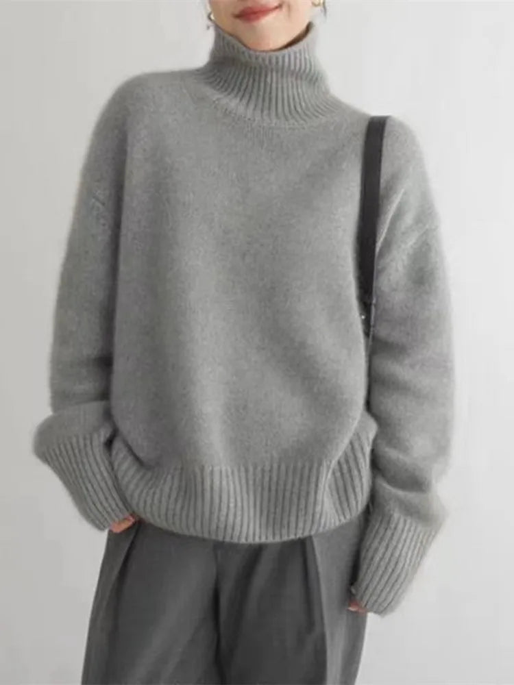 Women's Roll Neck Jumper - Oversized and Knitted