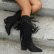 Women's Elegant Cowboy Boots - Fringe & Square Heel