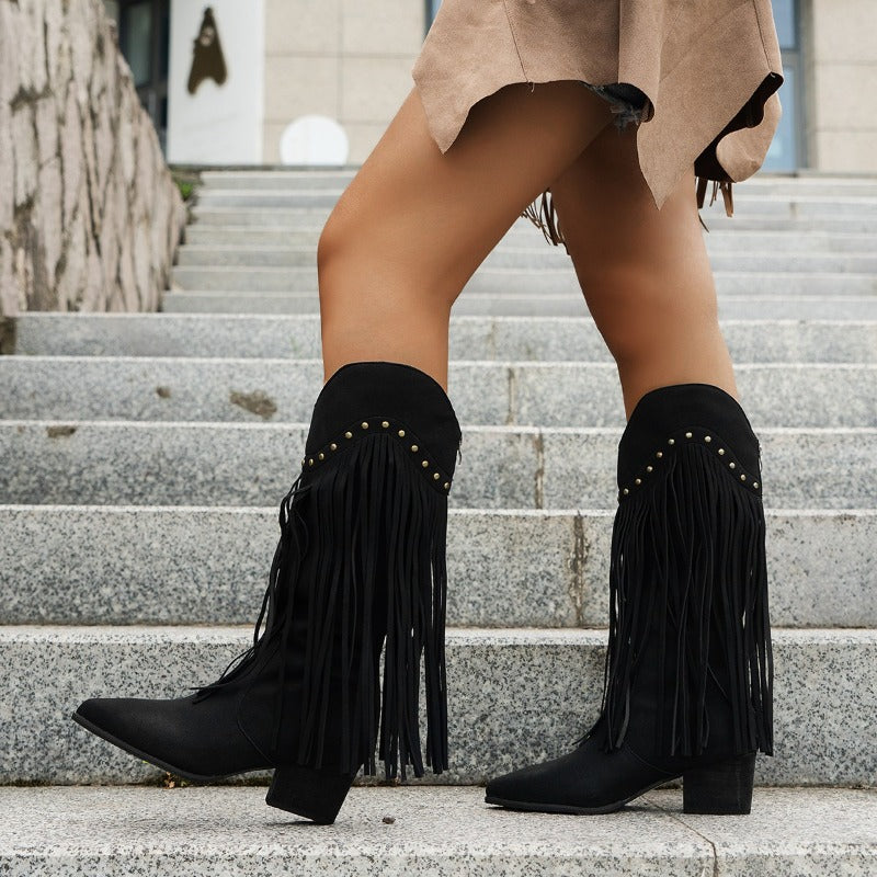 Women's Elegant Cowboy Boots - Fringe & Square Heel