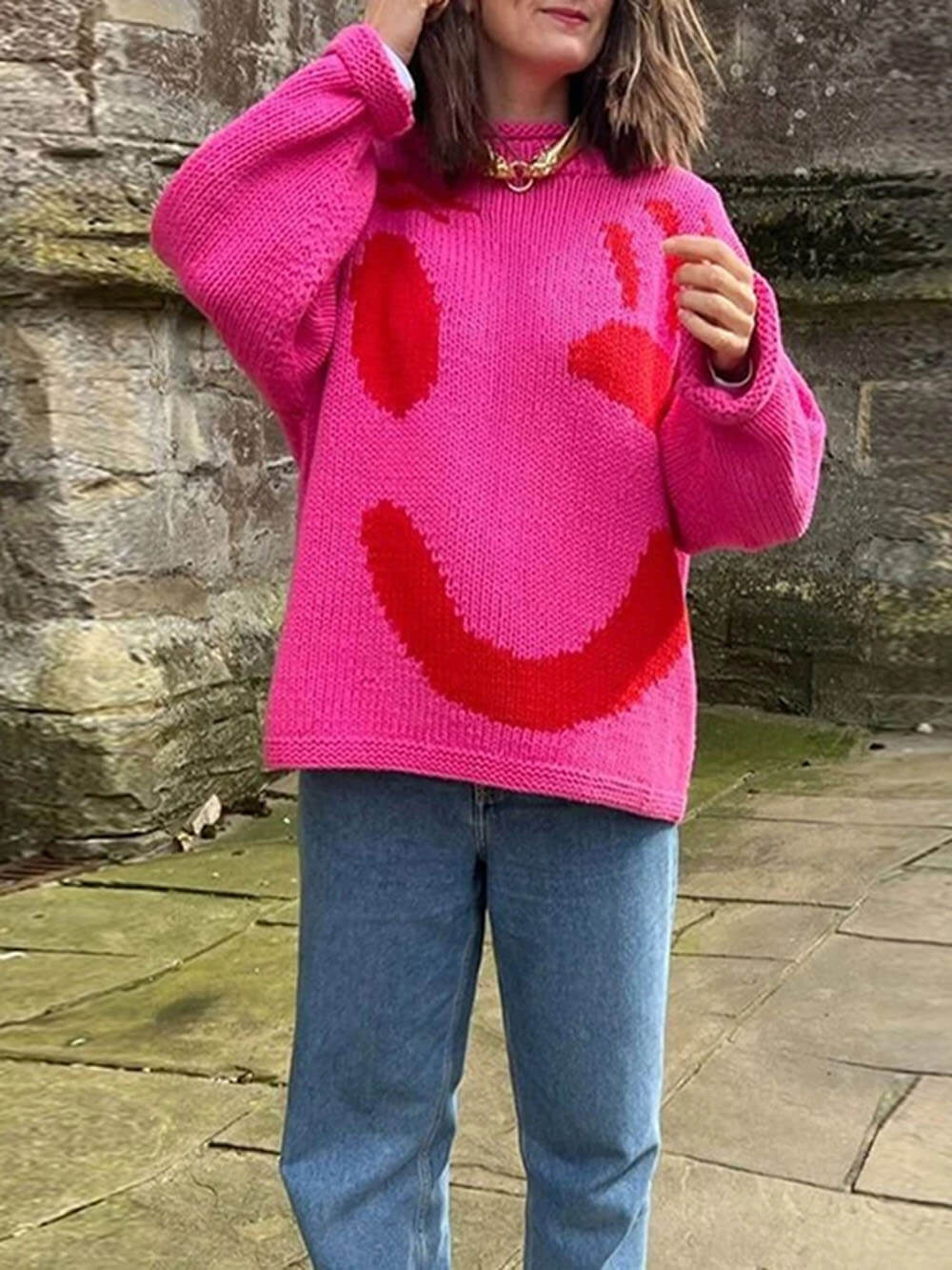 Women's Jumper - Smiley Print with Oversized Fit