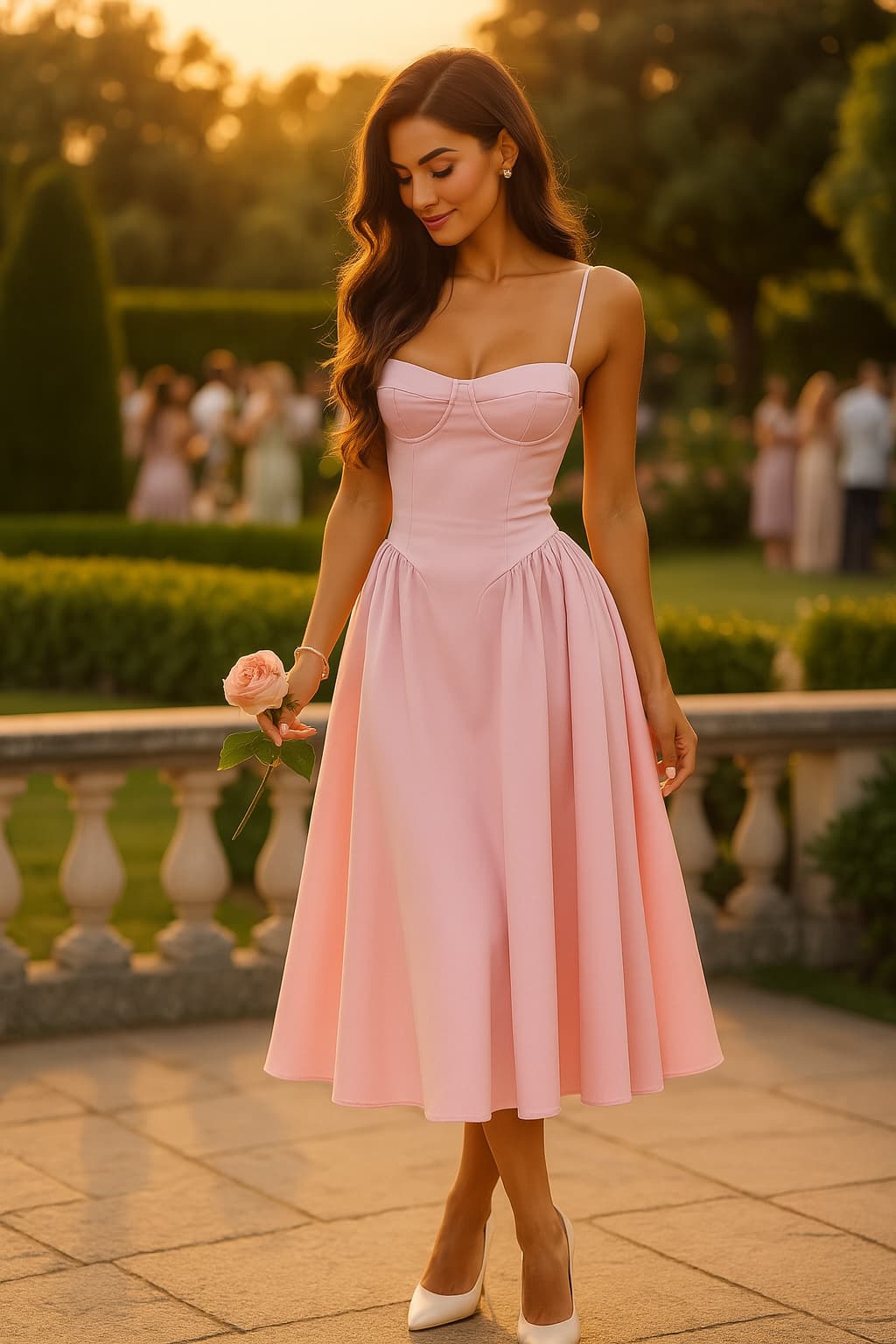Pink Wedding Guest Dress for Women, Corset Bodice A-Line Midi Dress