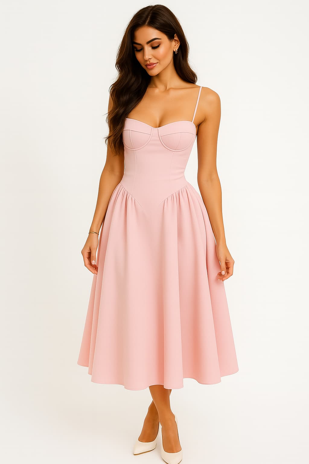 Pink Wedding Guest Dress for Women, Corset Bodice A-Line Midi Dress