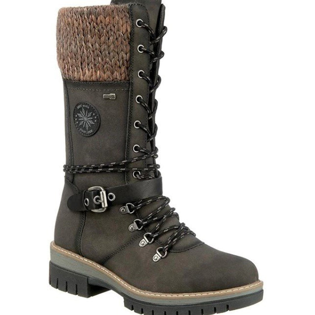 Women's Knee-High Boots - Lace-Up with Knit Cuff and Side Zip