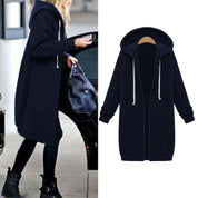 Women's Longline Zip-Up Hoodie - Full Front Zipper and Pockets