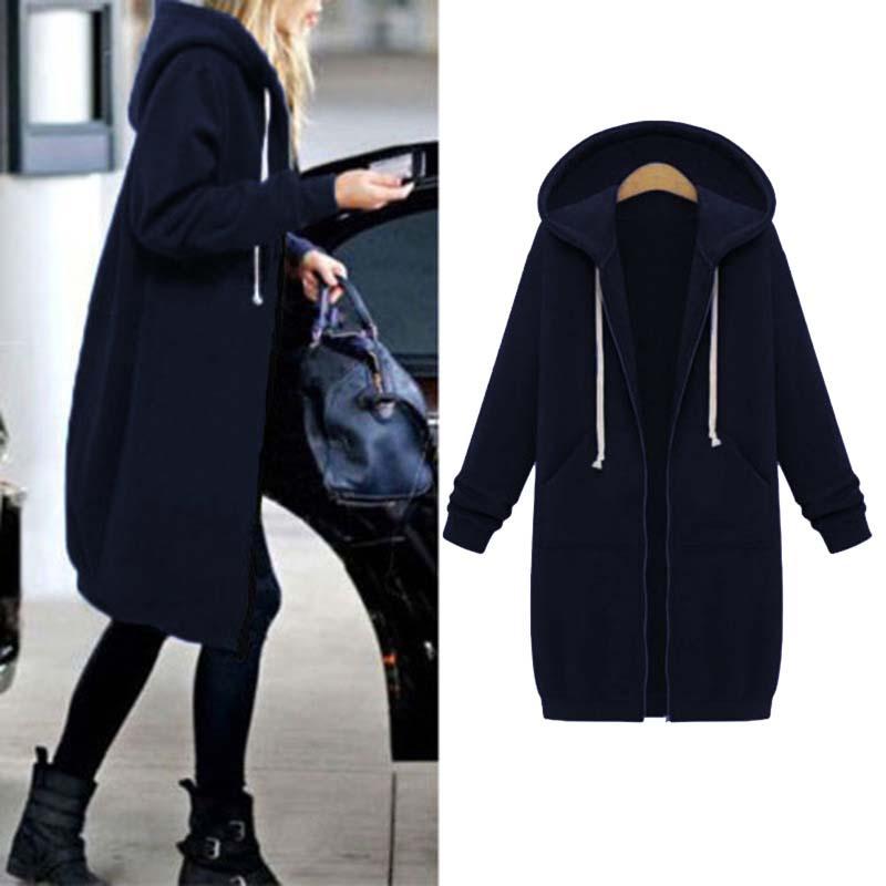 Women's Longline Zip-Up Hoodie - Full Front Zipper and Pockets