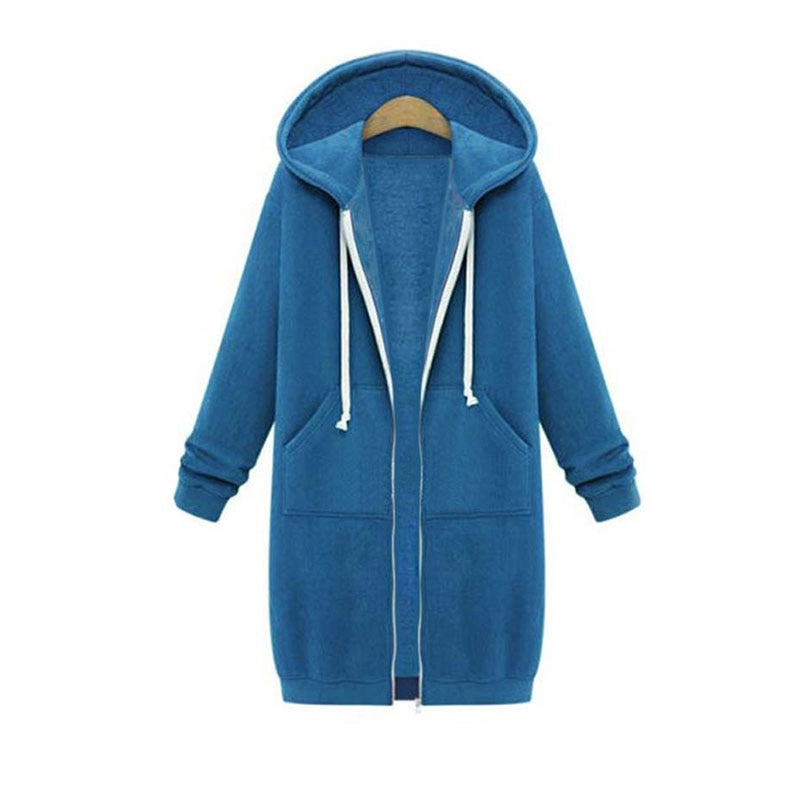 Women's Longline Zip-Up Hoodie - Full Front Zipper and Pockets