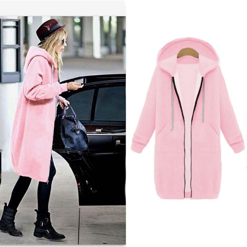 Women's Longline Zip-Up Hoodie - Full Front Zipper and Pockets
