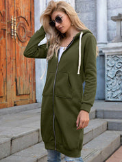 Women's Longline Zip-Up Hoodie - Full Front Zipper and Pockets