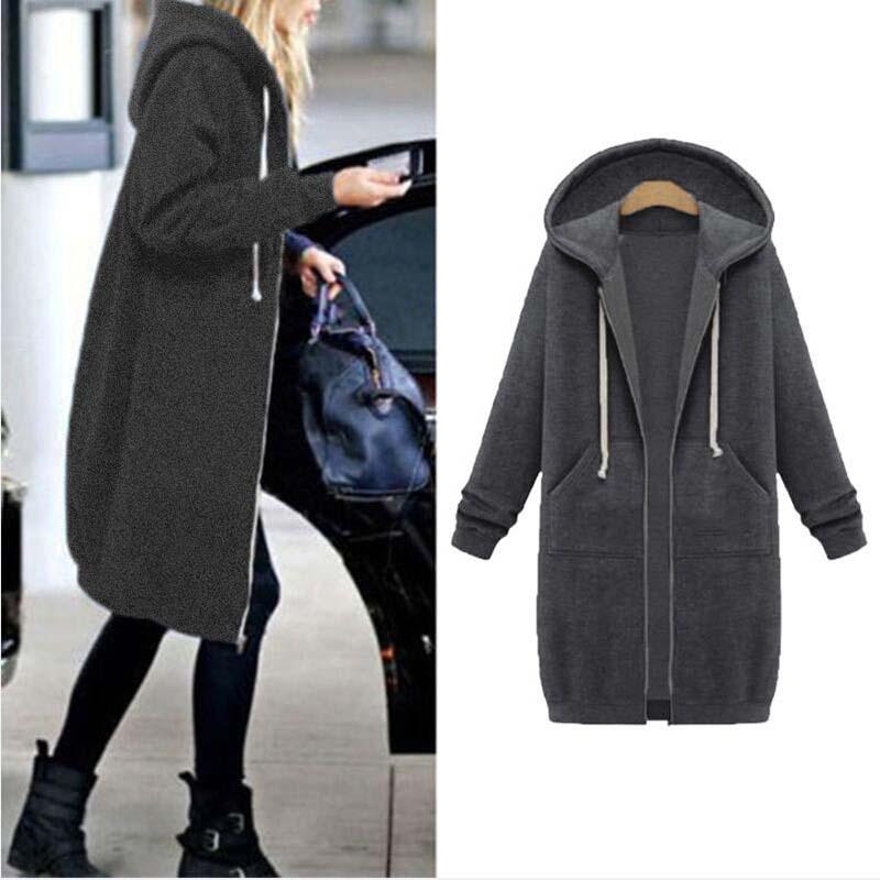 Women's Longline Zip-Up Hoodie - Full Front Zipper and Pockets
