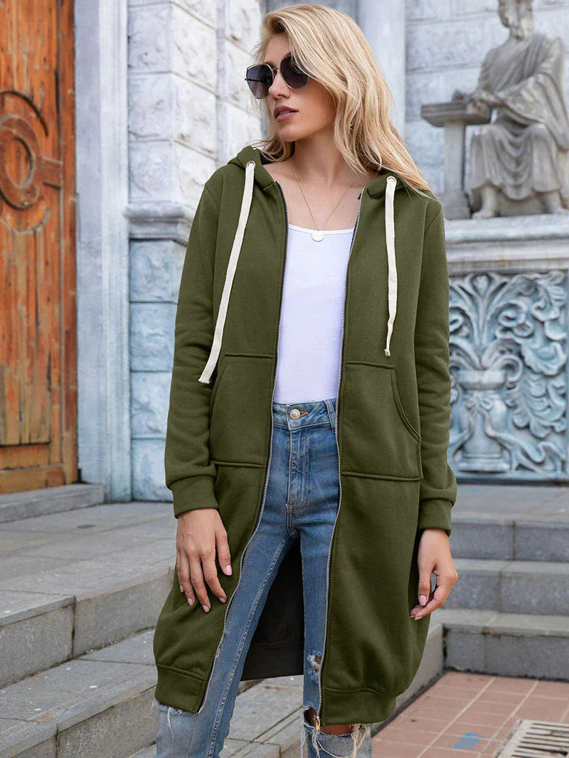 Women's Longline Zip-Up Hoodie - Full Front Zipper and Pockets
