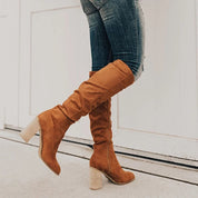 Women's Knee-High Slouch Boots - Chic Suede Block Heel