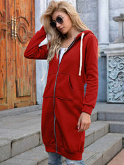 Women's Longline Zip-Up Hoodie - Full Front Zipper and Pockets