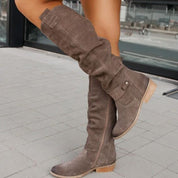 Women's Knee-High Boots - Slouch Shaft with Side Zip and Strap Detail