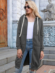 Women's Longline Zip-Up Hoodie - Full Front Zipper and Pockets