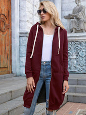 Women's Longline Zip-Up Hoodie - Full Front Zipper and Pockets
