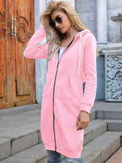 Women's Longline Zip-Up Hoodie - Full Front Zipper and Pockets