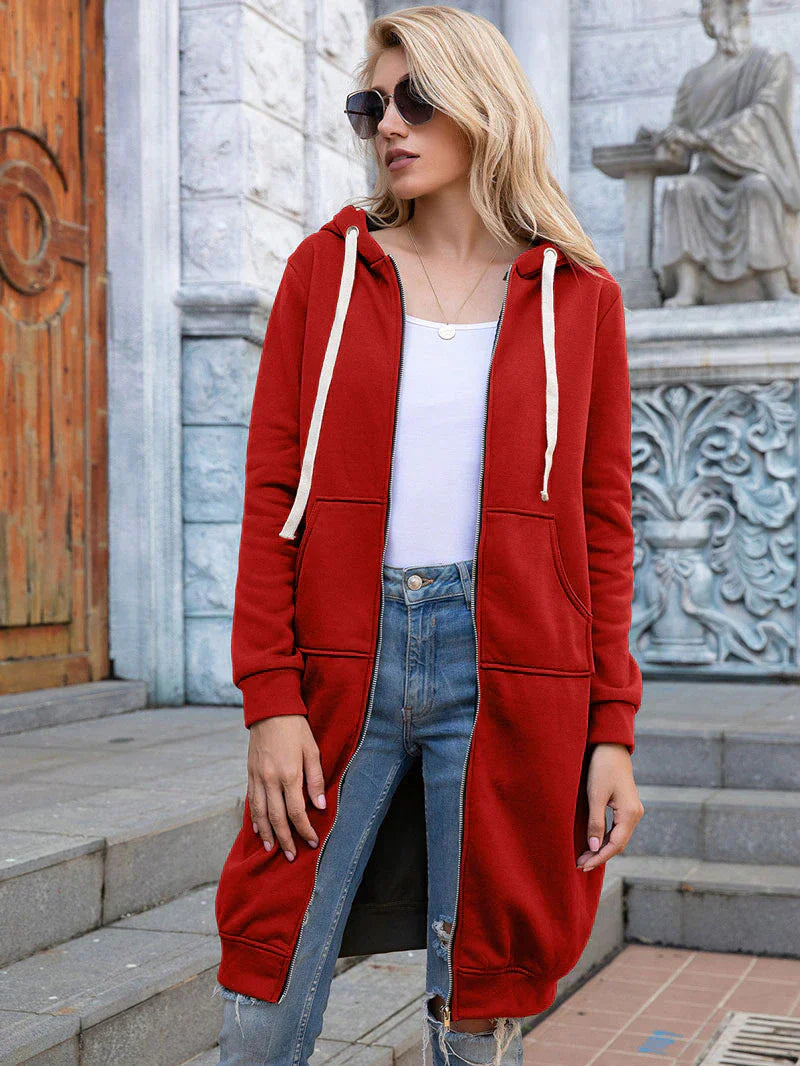 Women's Longline Zip-Up Hoodie - Full Front Zipper and Pockets