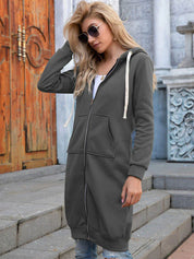 Women's Longline Zip-Up Hoodie - Full Front Zipper and Pockets