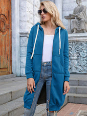 Women's Longline Zip-Up Hoodie - Full Front Zipper and Pockets