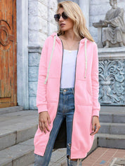 Women's Longline Zip-Up Hoodie - Full Front Zipper and Pockets