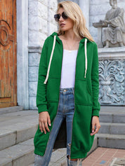 Women's Longline Zip-Up Hoodie - Full Front Zipper and Pockets