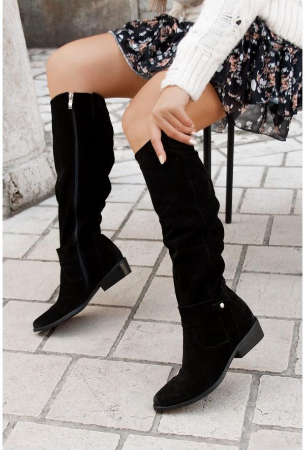 Women's Knee-High Boots - Slouch Shaft with Side Zip and Strap Detail