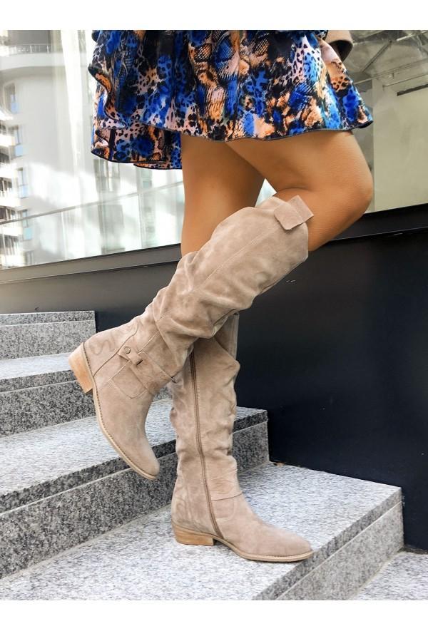 Women's Knee-High Boots - Slouch Shaft with Side Zip and Strap Detail