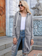 Women's Longline Zip-Up Hoodie - Full Front Zipper and Pockets