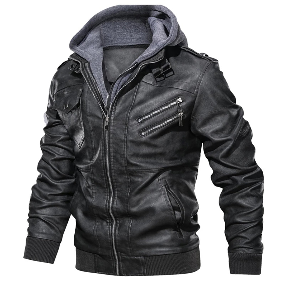 Men's Leather Jacket - Biker Style with Double-Layer Hood