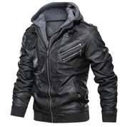 Men's Leather Jacket - Biker Style with Double-Layer Hood