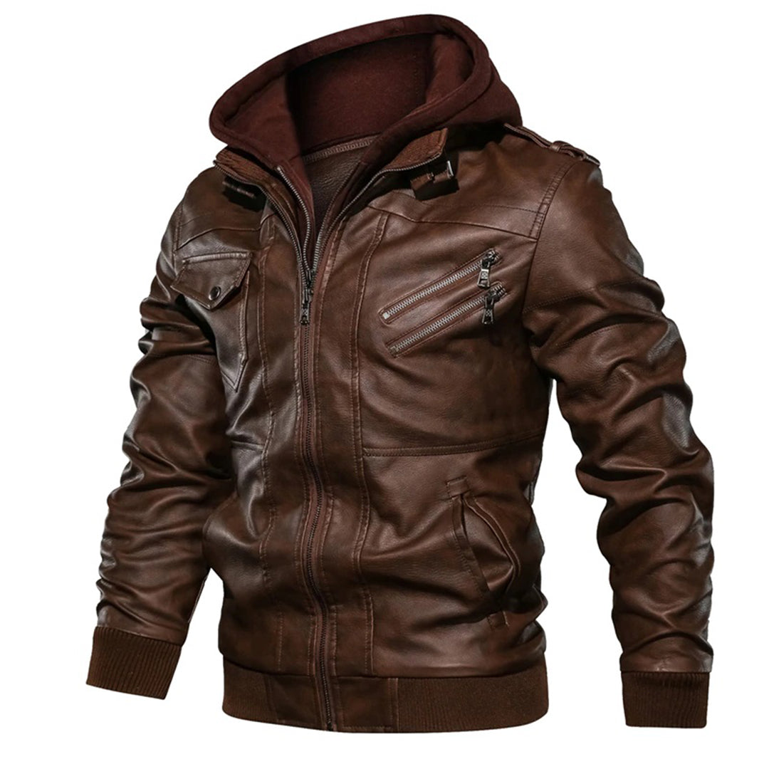 Men's Leather Jacket - Biker Style with Double-Layer Hood