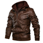 Men's Leather Jacket - Biker Style with Double-Layer Hood