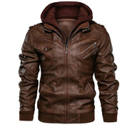Men's Leather Jacket - Biker Style with Double-Layer Hood
