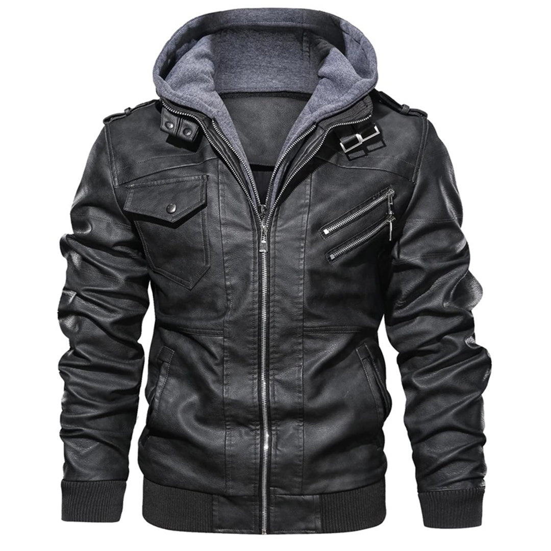 Men's Leather Jacket - Biker Style with Double-Layer Hood