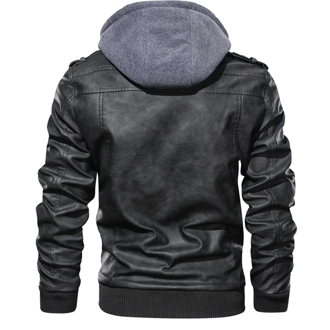 Men's Leather Jacket - Biker Style with Double-Layer Hood