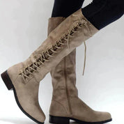 Women's Knee-High Boots - Side Lace-Up with Inner Zip and Low Heel