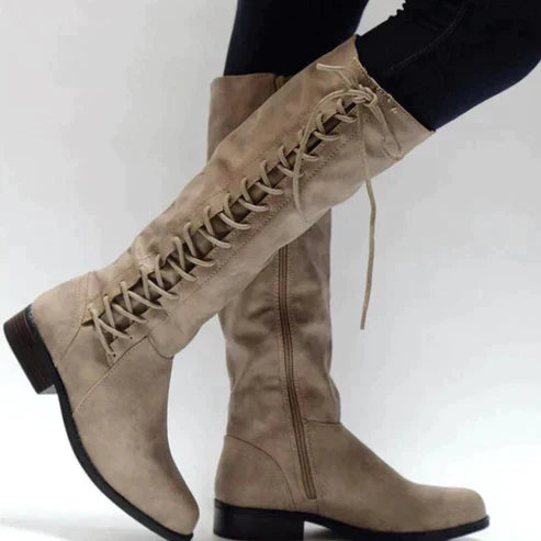 Women's Knee-High Boots - Side Lace-Up with Inner Zip and Low Heel