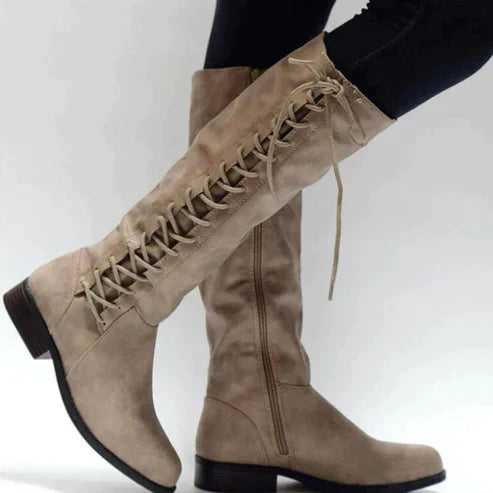 Women's Knee-High Lace-Up Boots - Low Heel Side Zip Design