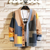 Men's Colour Block V-Neck Knit Cardigan - Casual Sweater