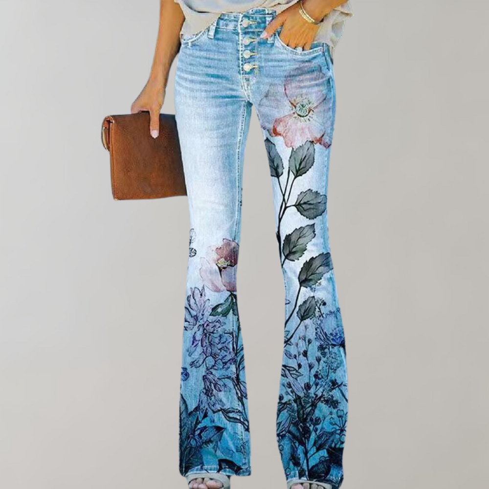 Women's Floral Print Flared Jeans - High-Rise Fit