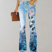 Women's Floral Print Flared Jeans - High-Rise Fit