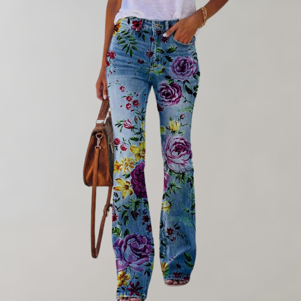 Women's Floral Print Flared Jeans - High-Rise Fit