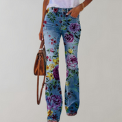 Women's Floral Print Flared Jeans - High-Rise Fit