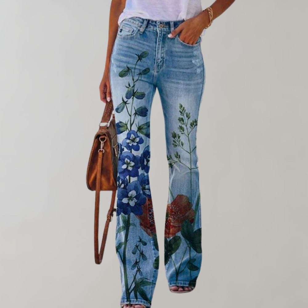 Women's Floral Print Flared Jeans - High-Rise Fit